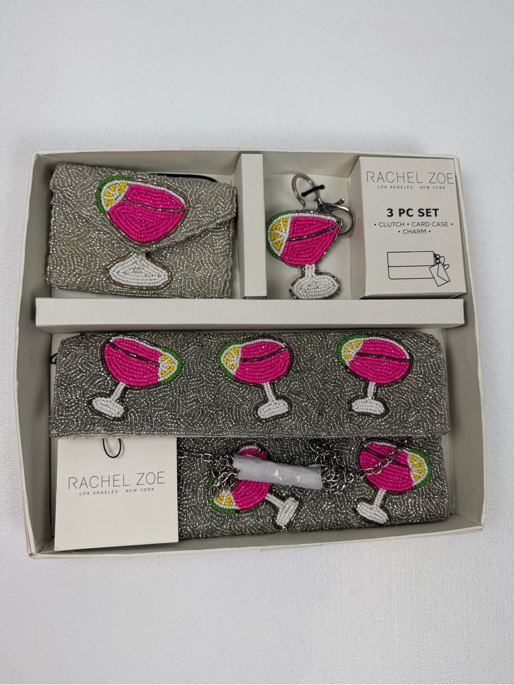 NWT $98 Rachel Zoe 3 Pc‎ Set Beaded Pink Margarita Silver Clutch Card Case Charm
